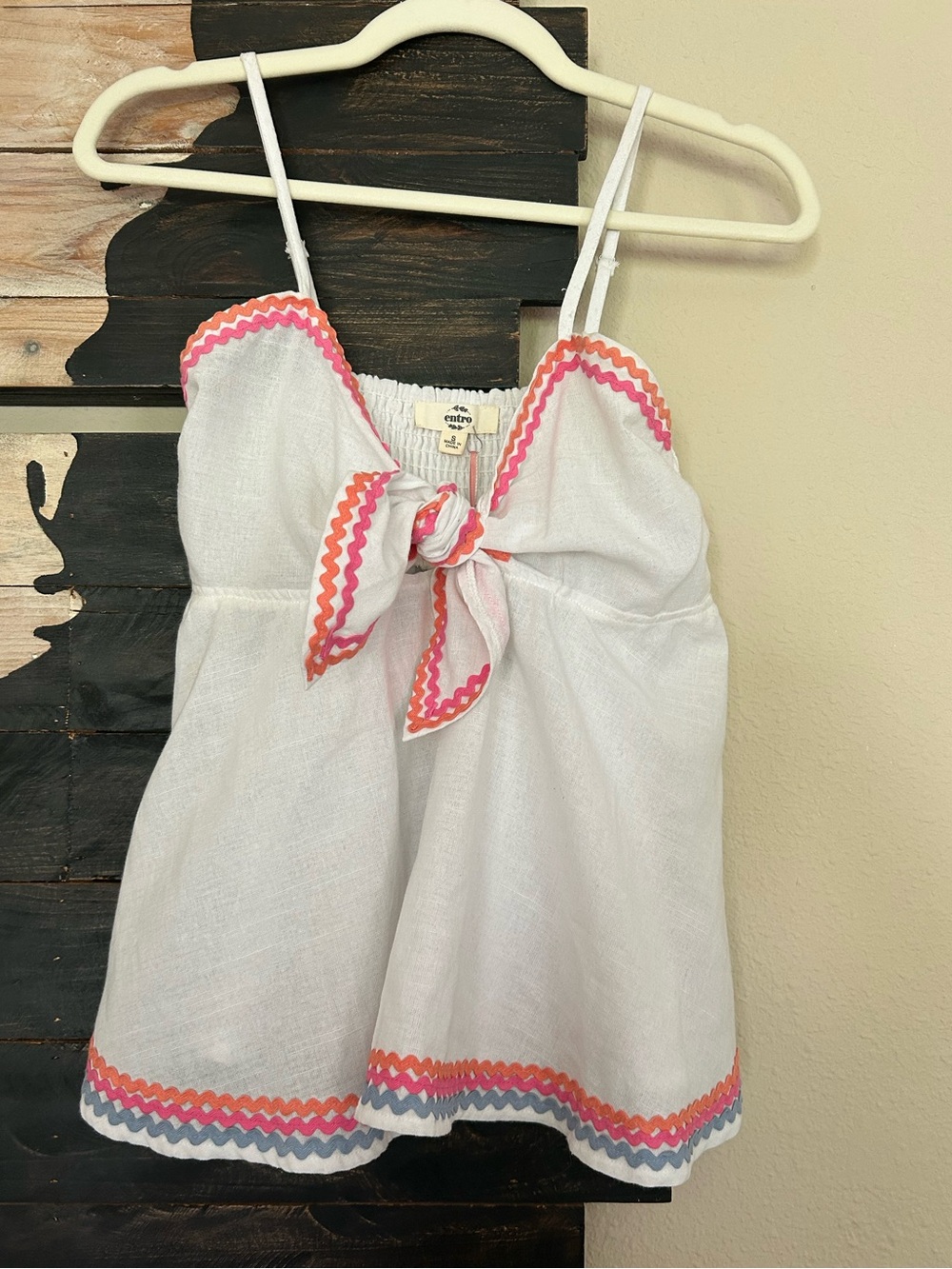 Entro Linen Tank Top Knot Tie-Front Multicolor Rickrack Embroidered Wave Trim